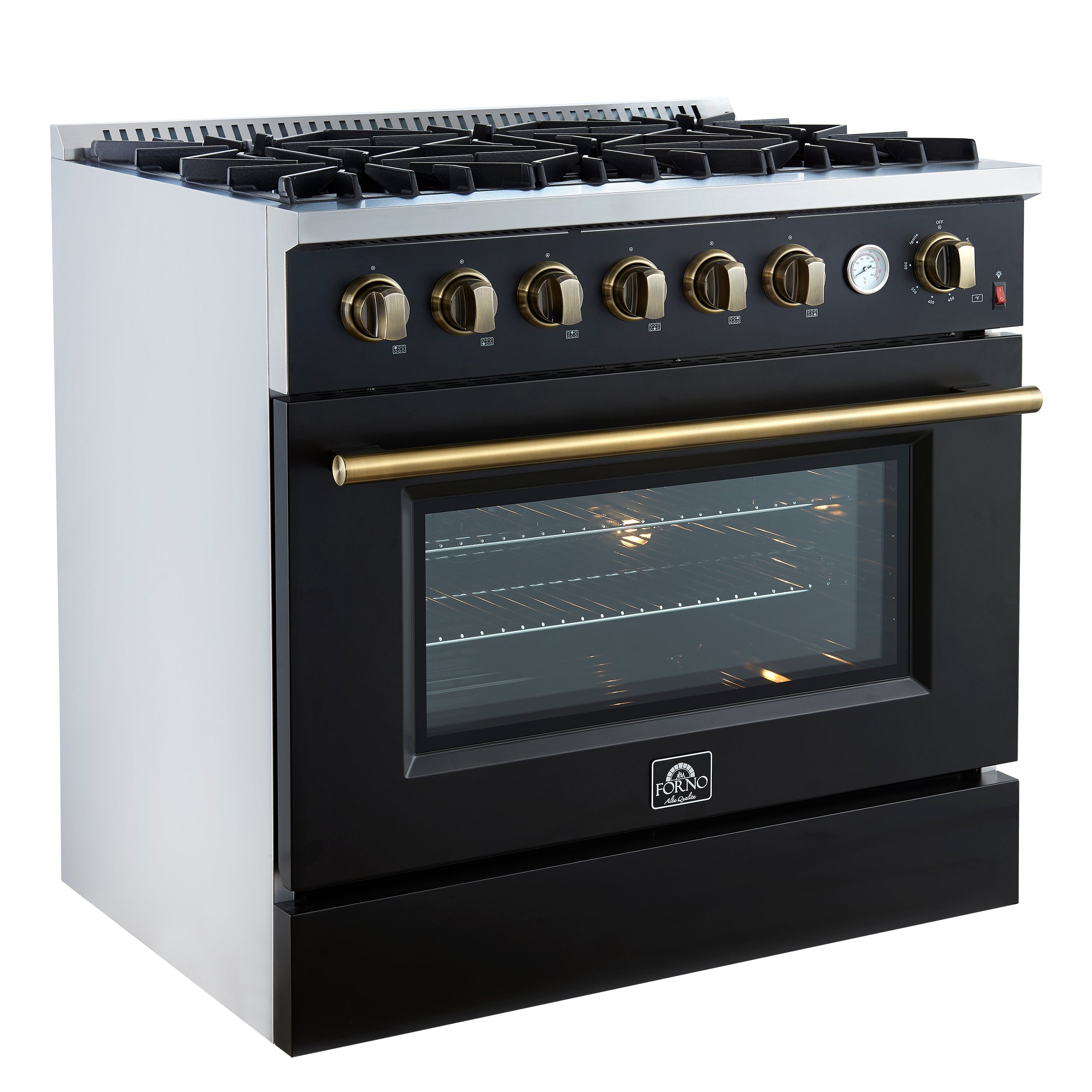 FORNO - Espresso Marco 36" 5.36 cu.ft. Gas Range with 6 Burners and Temperature Gauge in Black with Antique Brass Accents, FFSGS6277-36BLK FORNO - Espresso Marco 36" 5.36 cu.ft. Gas Range with 6 Burners and Temperature Gauge in Black with Antique Brass Accents, FFSGS6277-36BLK