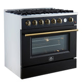 FORNO - Espresso Marco 36" 5.36 cu.ft. Gas Range with 6 Burners and Temperature Gauge in Black with Antique Brass Accents, FFSGS6277-36BLK FORNO - Espresso Marco 36" 5.36 cu.ft. Gas Range with 6 Burners and Temperature Gauge in Black with Antique Brass Accents, FFSGS6277-36BLK