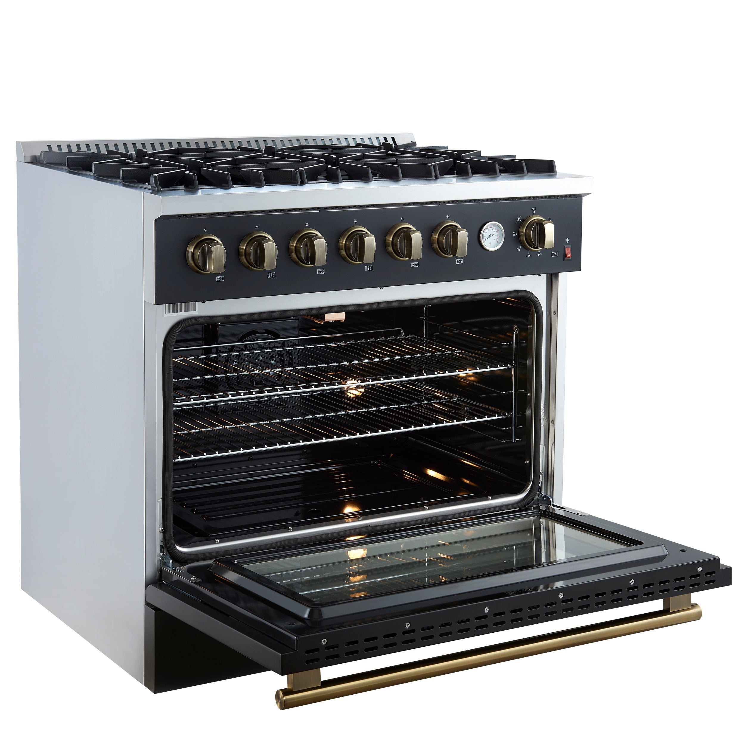 FORNO - Espresso Marco 36" 5.36 cu.ft. Gas Range with 6 Burners and Temperature Gauge in Black with Antique Brass Accents, FFSGS6277-36BLK FORNO - Espresso Marco 36" 5.36 cu.ft. Gas Range with 6 Burners and Temperature Gauge in Black with Antique Brass Accents, FFSGS6277-36BLK