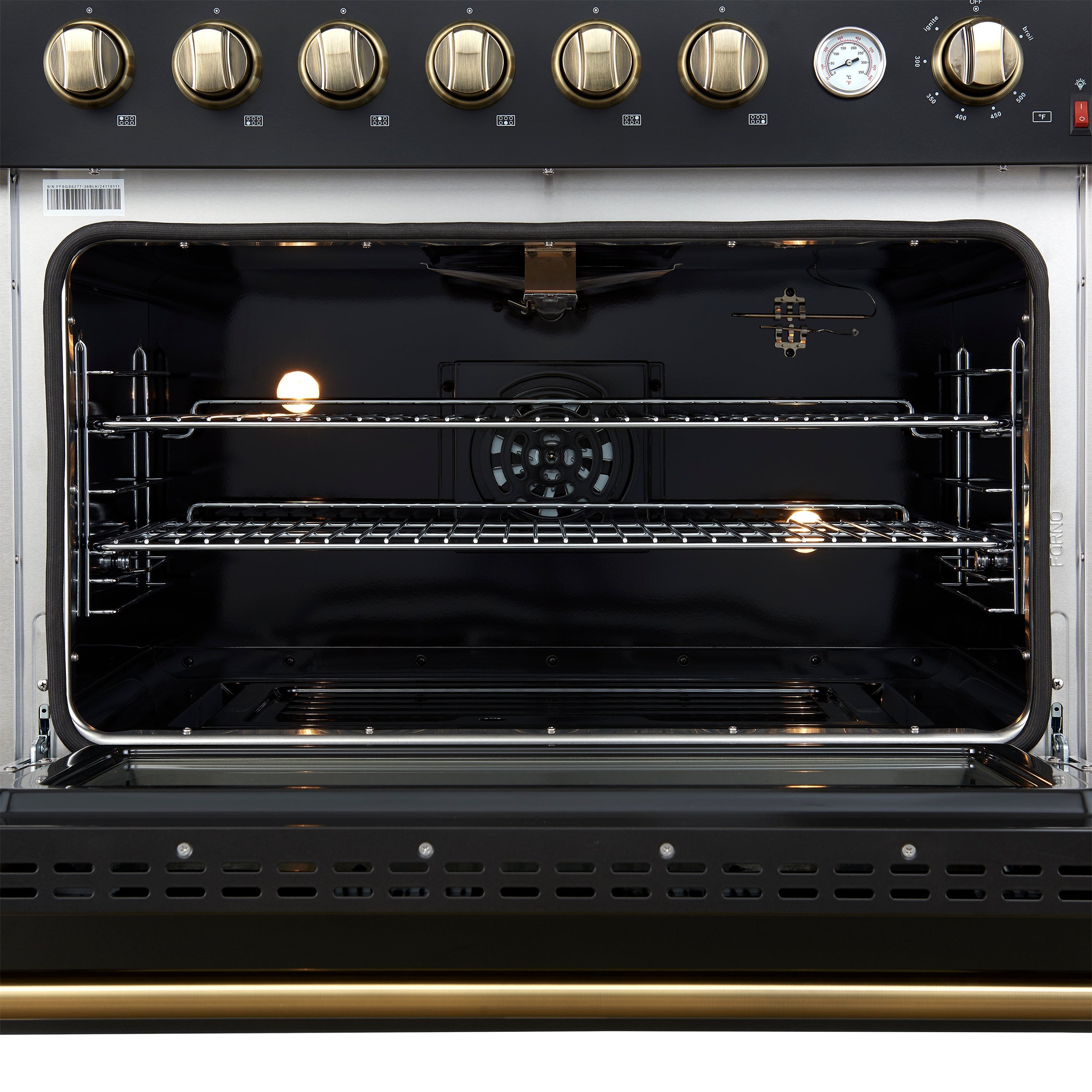 FORNO - Espresso Marco 36" 5.36 cu.ft. Gas Range with 6 Burners and Temperature Gauge in Black with Antique Brass Accents, FFSGS6277-36BLK FORNO - Espresso Marco 36" 5.36 cu.ft. Gas Range with 6 Burners and Temperature Gauge in Black with Antique Brass Accents, FFSGS6277-36BLK