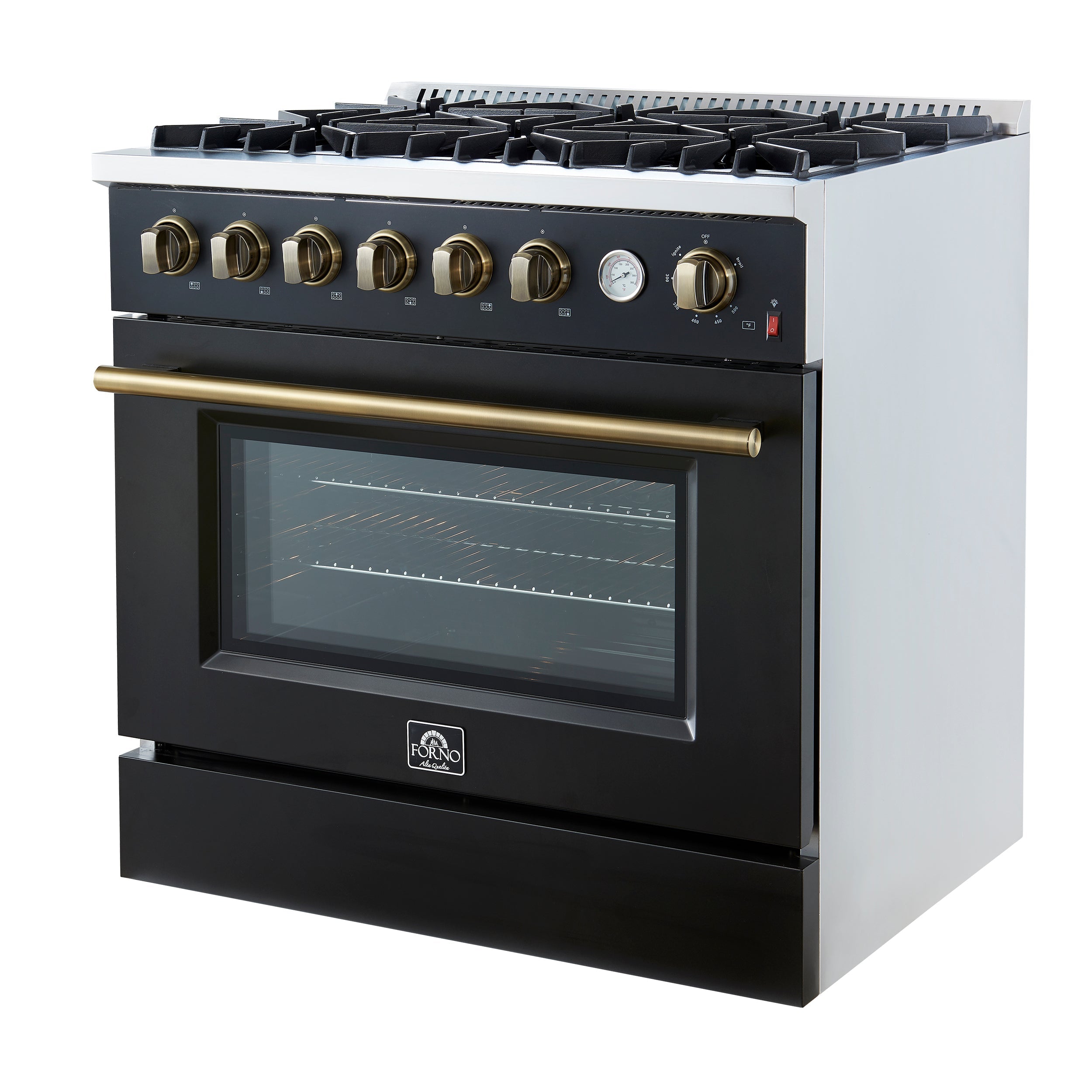 FORNO - Espresso Marco 36" 5.36 cu.ft. Gas Range with 6 Burners and Temperature Gauge in Black with Antique Brass Accents, FFSGS6277-36BLK FORNO - Espresso Marco 36" 5.36 cu.ft. Gas Range with 6 Burners and Temperature Gauge in Black with Antique Brass Accents, FFSGS6277-36BLK