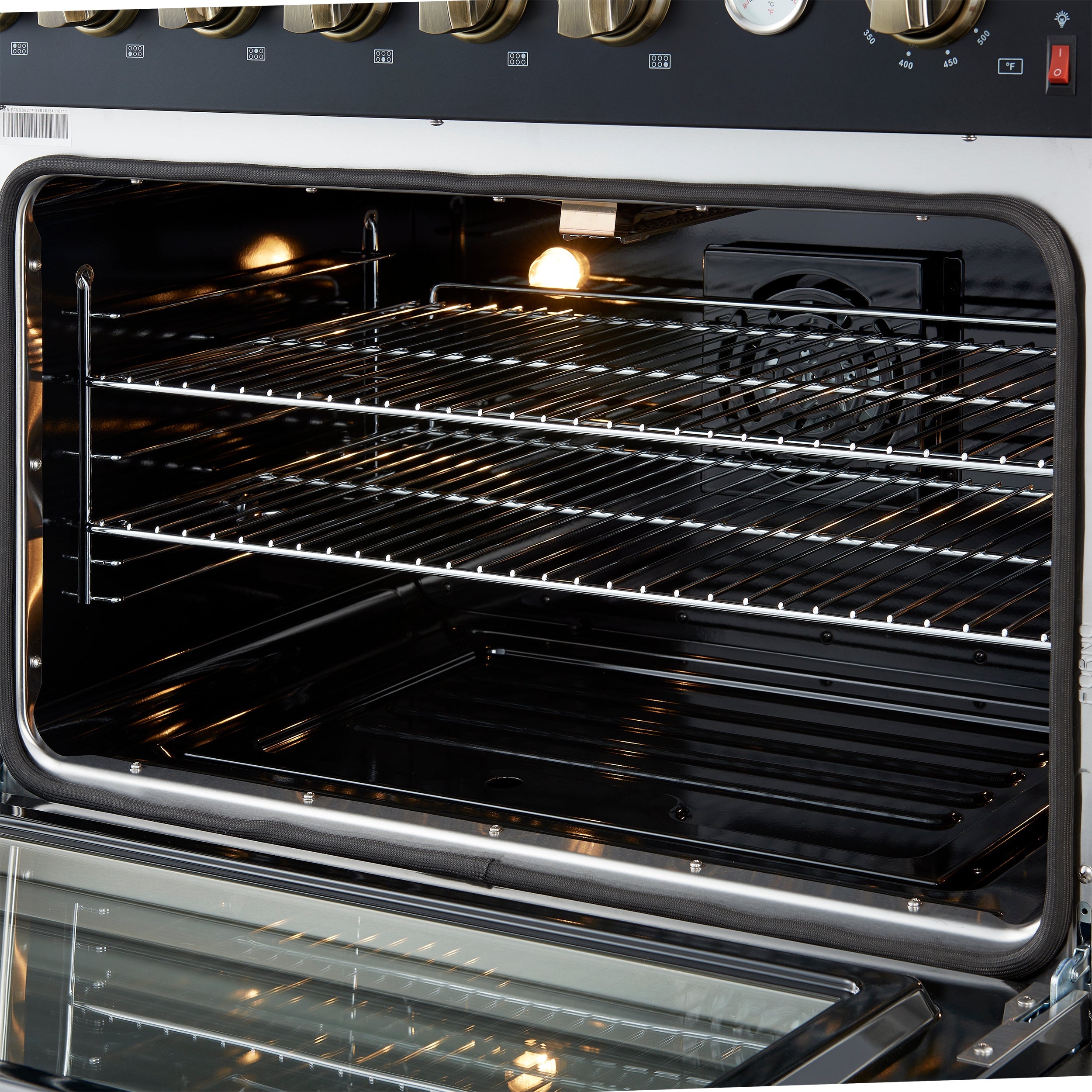 FORNO - Espresso Marco 36" 5.36 cu.ft. Gas Range with 6 Burners and Temperature Gauge in Black with Antique Brass Accents, FFSGS6277-36BLK FORNO - Espresso Marco 36" 5.36 cu.ft. Gas Range with 6 Burners and Temperature Gauge in Black with Antique Brass Accents, FFSGS6277-36BLK