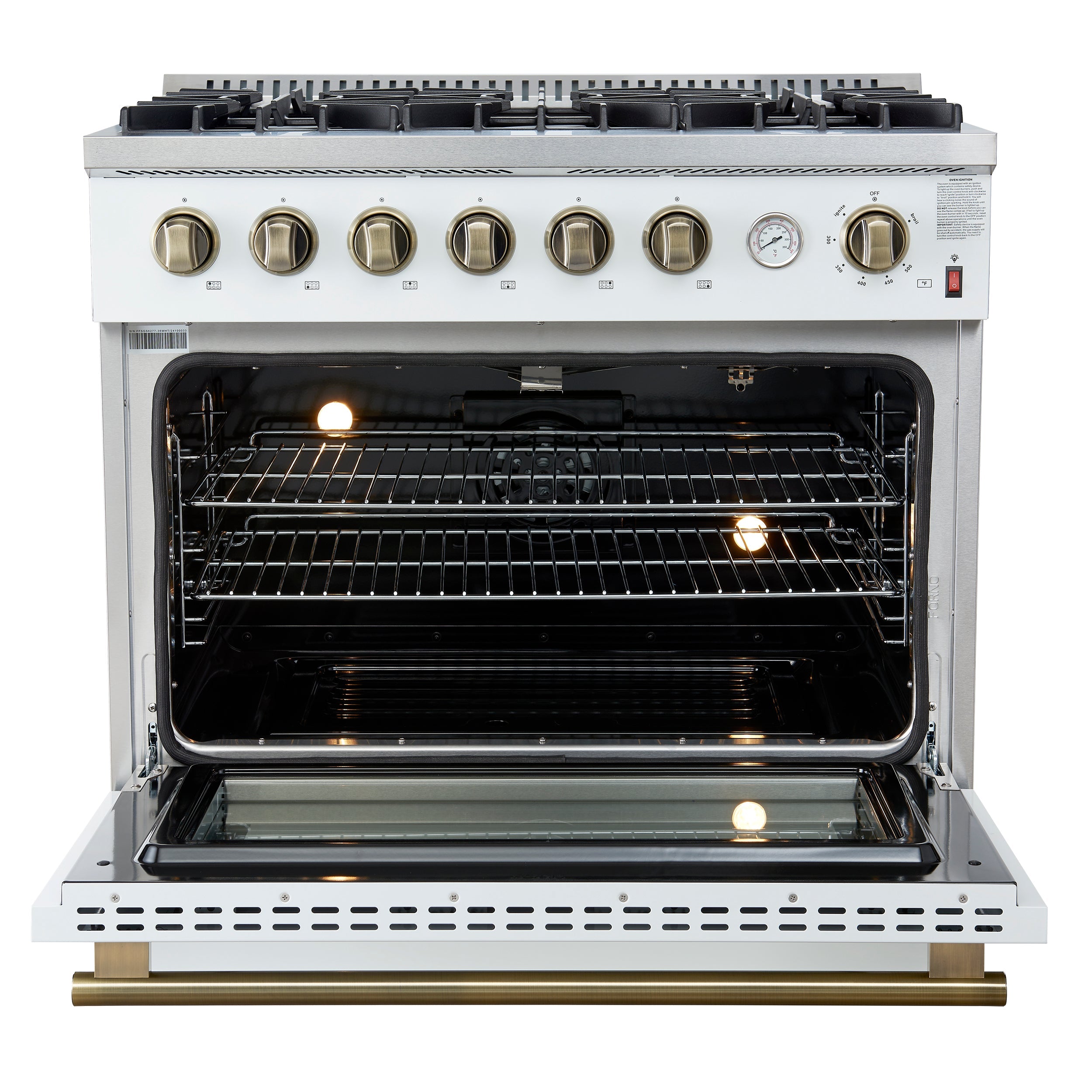 FORNO - Espresso Marco 36" 5.36 cu.ft. Gas Range with 6 Burners and Temperature Gauge in Black with Antique Brass Accents, FFSGS6277-36WHT FORNO - Espresso Marco 36" 5.36 cu.ft. Gas Range with 6 Burners and Temperature Gauge in Black with Antique Brass Accents, FFSGS6277-36WHT