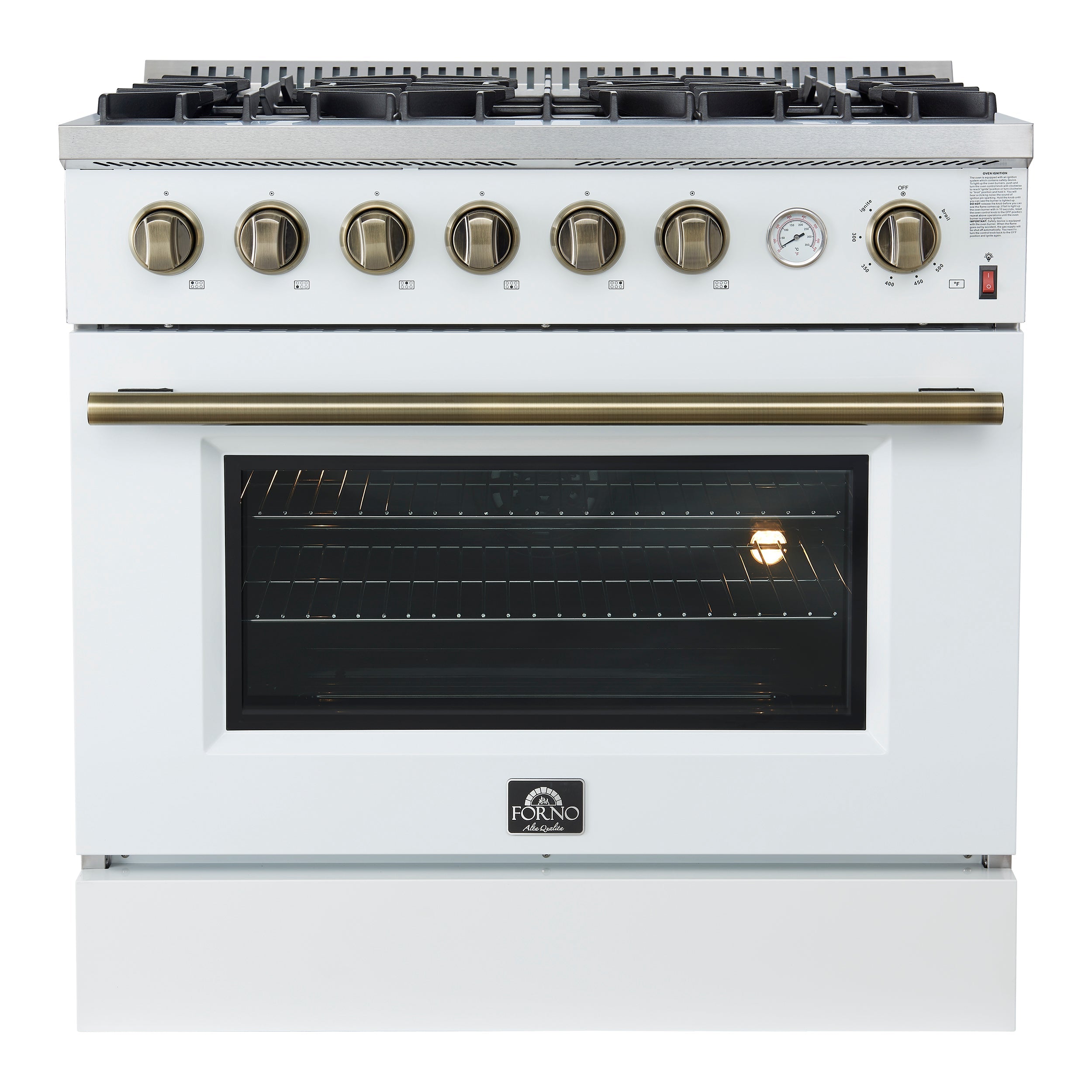 FORNO - Espresso Marco 36" 5.36 cu.ft. Gas Range with 6 Burners and Temperature Gauge in Black with Antique Brass Accents, FFSGS6277-36WHT FORNO - Espresso Marco 36" 5.36 cu.ft. Gas Range with 6 Burners and Temperature Gauge in Black with Antique Brass Accents, FFSGS6277-36WHT