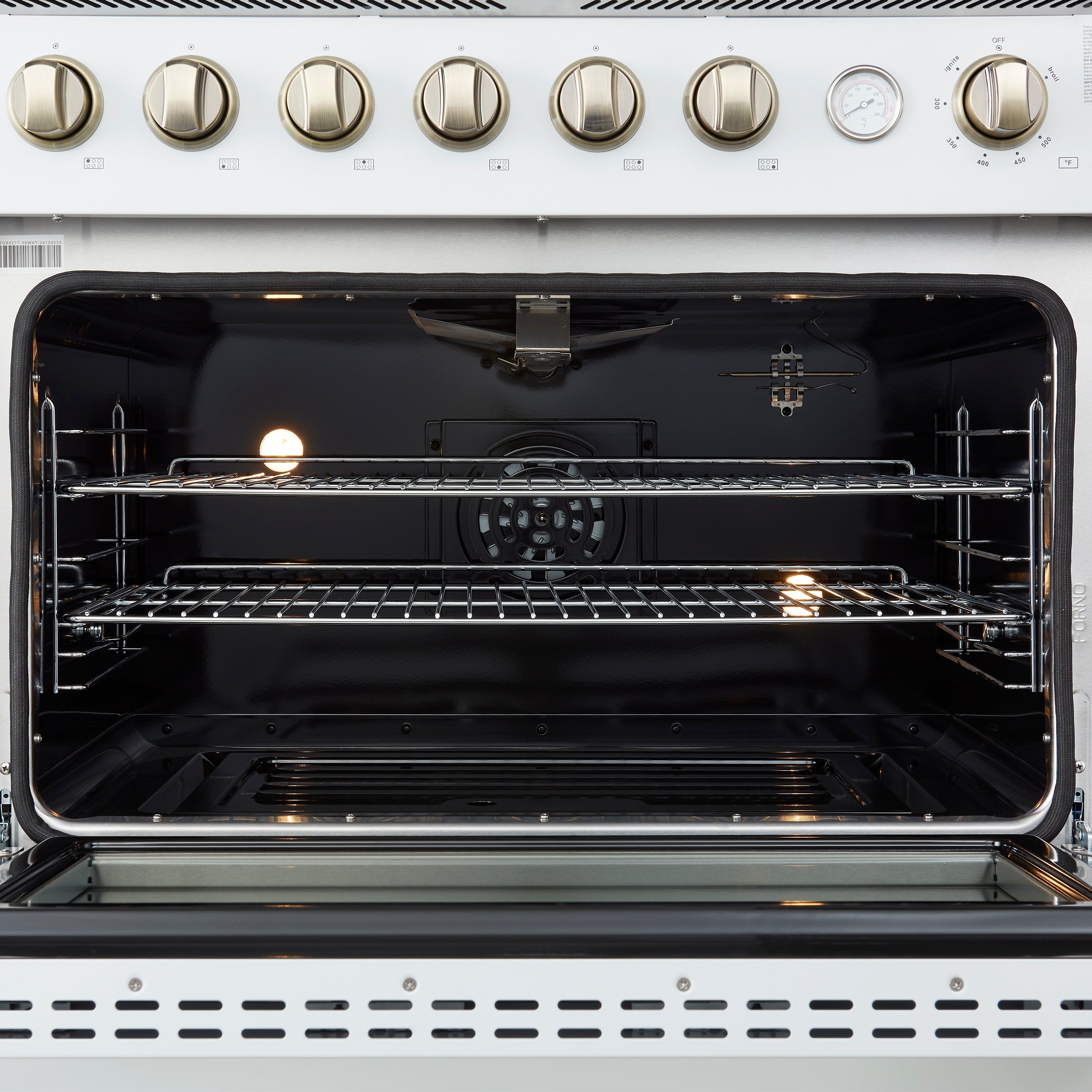 FORNO - Espresso Marco 36" 5.36 cu.ft. Gas Range with 6 Burners and Temperature Gauge in Black with Antique Brass Accents, FFSGS6277-36WHT FORNO - Espresso Marco 36" 5.36 cu.ft. Gas Range with 6 Burners and Temperature Gauge in Black with Antique Brass Accents, FFSGS6277-36WHT