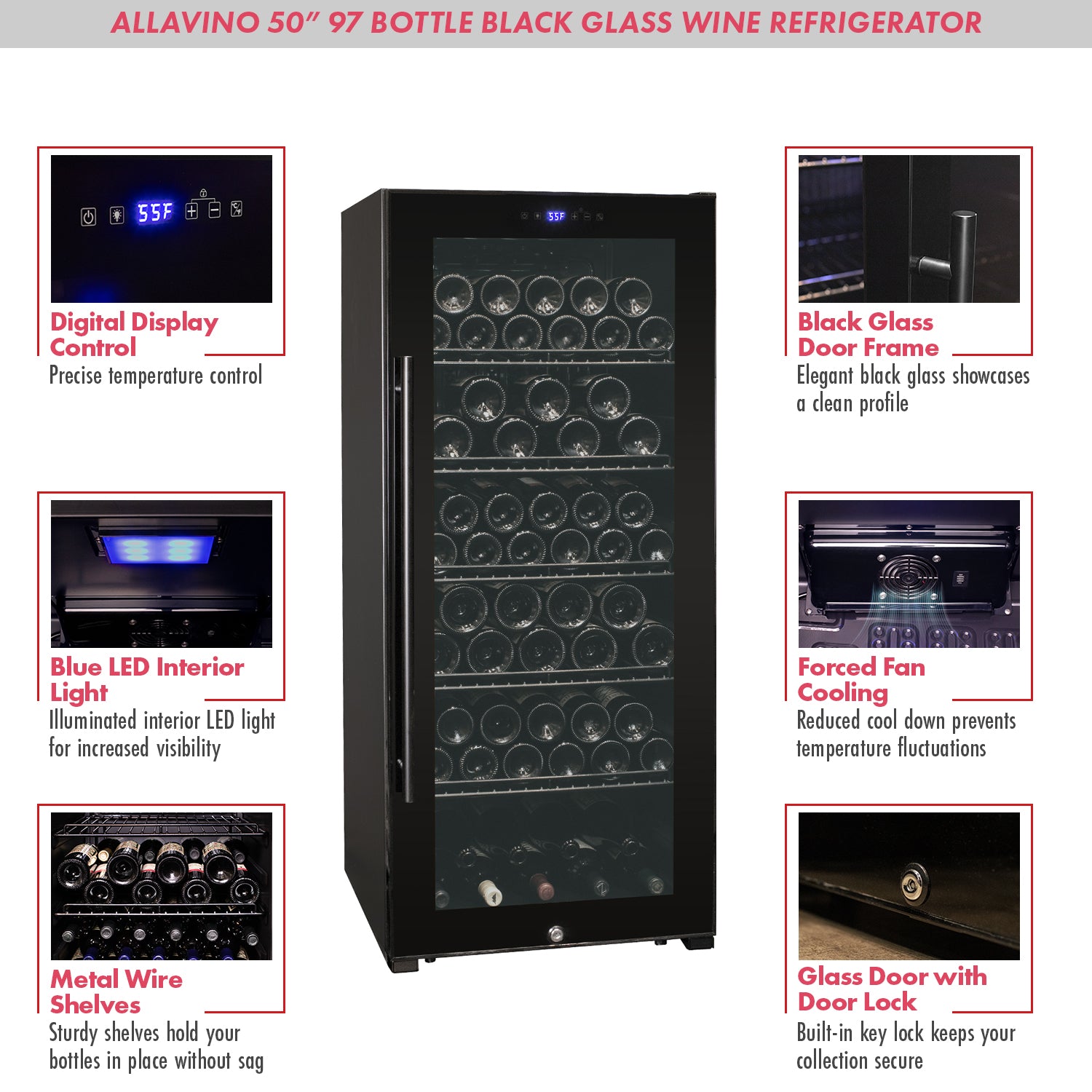 Allavino - Contemporary 102 Bottle Single Zone Freestanding Wine Refrigerator with Black Glass Door - AO KWR102S-1BGR Allavino - Contemporary 102 Bottle Single Zone Freestanding Wine Refrigerator with Black Glass Door - AO KWR102S-1BGR