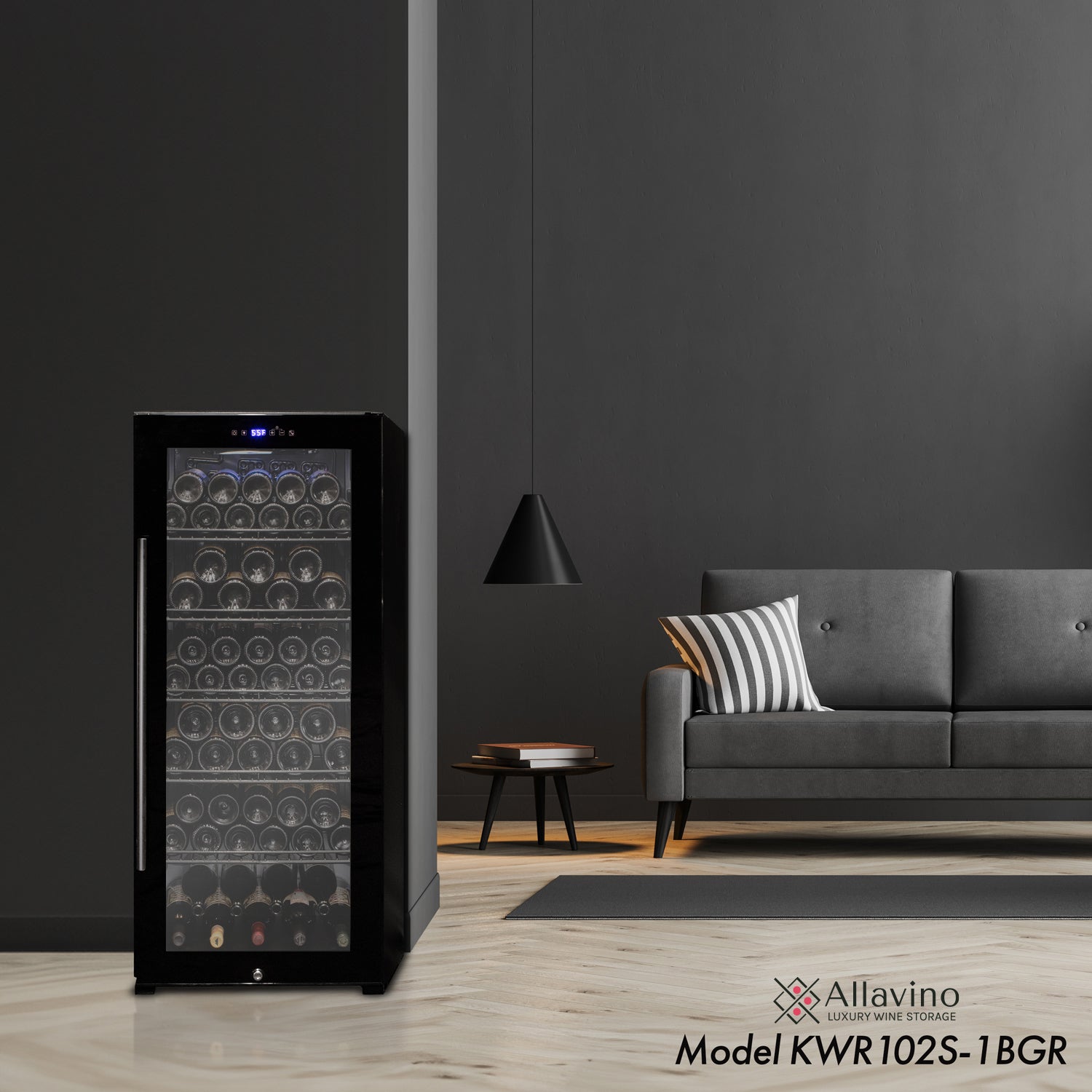 Allavino - Contemporary 102 Bottle Single Zone Freestanding Wine Refrigerator with Black Glass Door - AO KWR102S-1BGR Allavino - Contemporary 102 Bottle Single Zone Freestanding Wine Refrigerator with Black Glass Door - AO KWR102S-1BGR