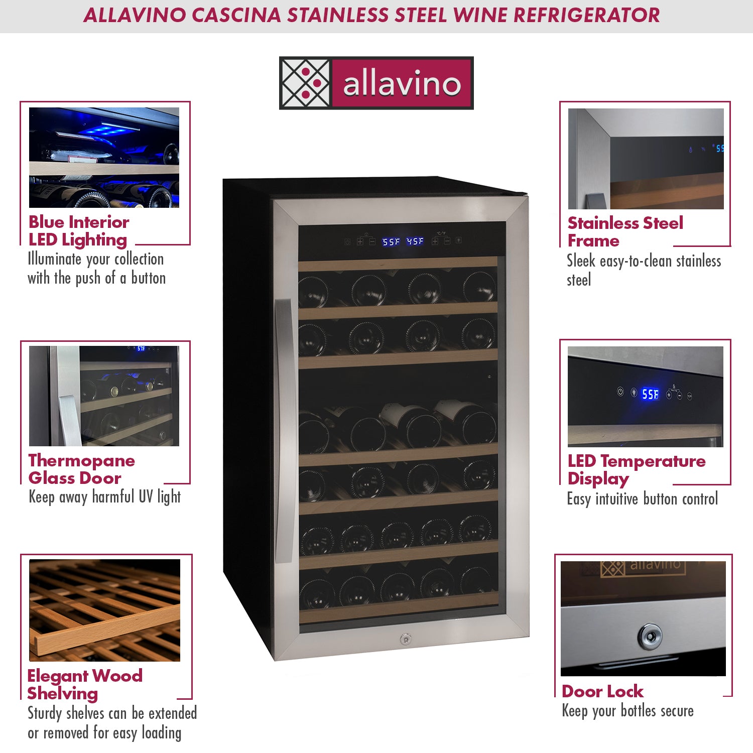 Allavino - Cascina Series 43 Bottle Dual Zone Freestanding Wine Refrigerator Cooler with Stainless Steel Door - AO KWR43D-2SR Allavino - Cascina Series 43 Bottle Dual Zone Freestanding Wine Refrigerator Cooler with Stainless Steel Door - AO KWR43D-2SR