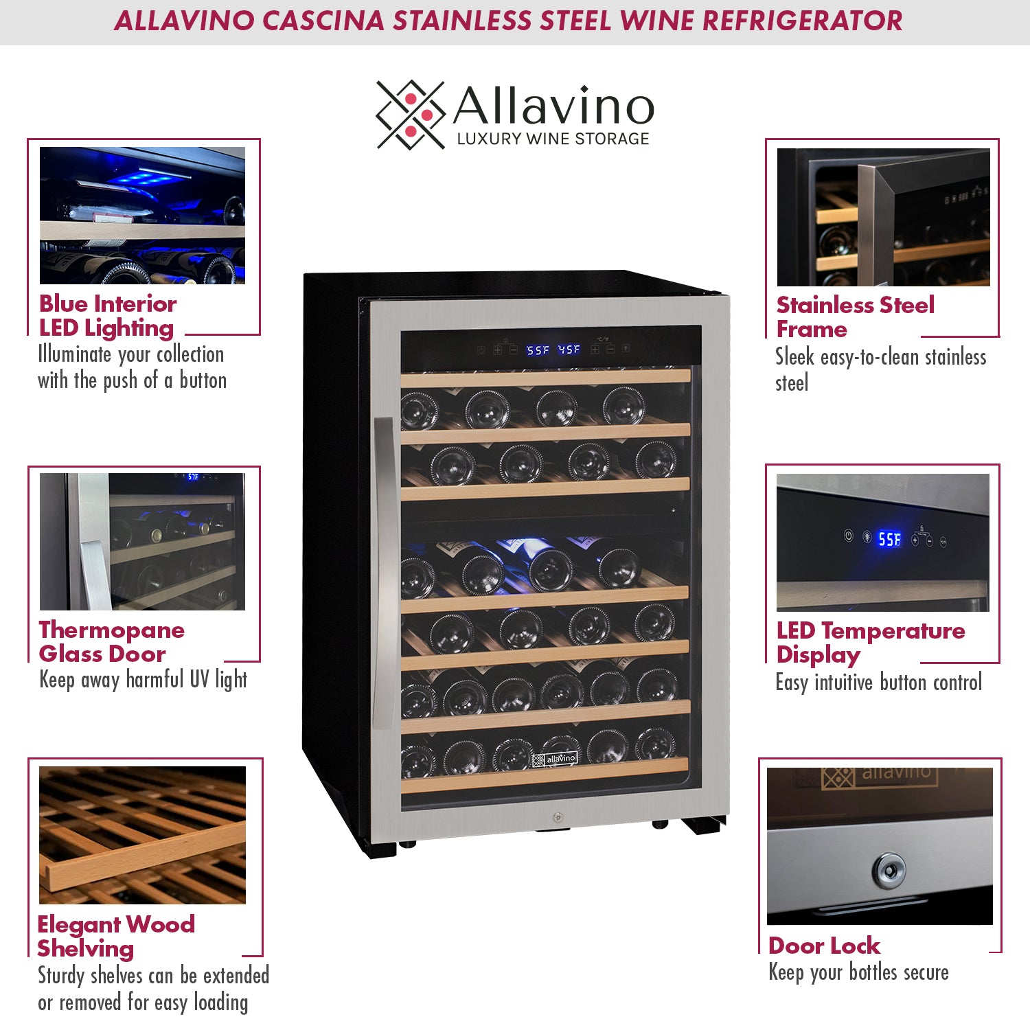 Allavino - Cascina Series 47 Bottle Dual Zone Freestanding Wine Cooler Refrigerator with Stainless Steel Door - AO KWR47D-2SR Allavino - Cascina Series 47 Bottle Dual Zone Freestanding Wine Cooler Refrigerator with Stainless Steel Door - AO KWR47D-2SR