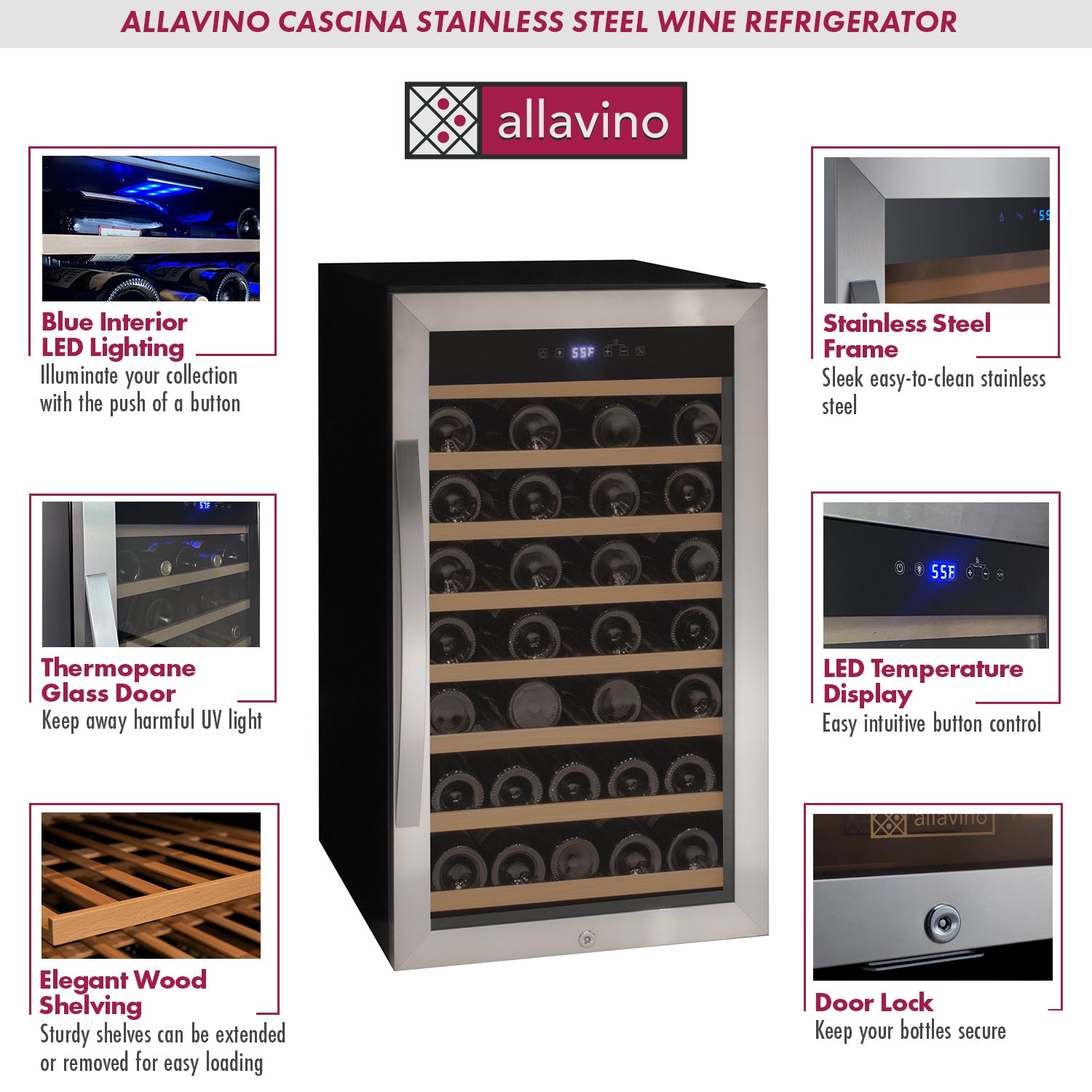 Allavino - Cascina Series 50 Bottle Single Zone Freestanding Wine Cooler Refrigerator with Stainless Steel Door - AO KWR50S-1SR Allavino - Cascina Series 50 Bottle Single Zone Freestanding Wine Cooler Refrigerator with Stainless Steel Door - AO KWR50S-1SR