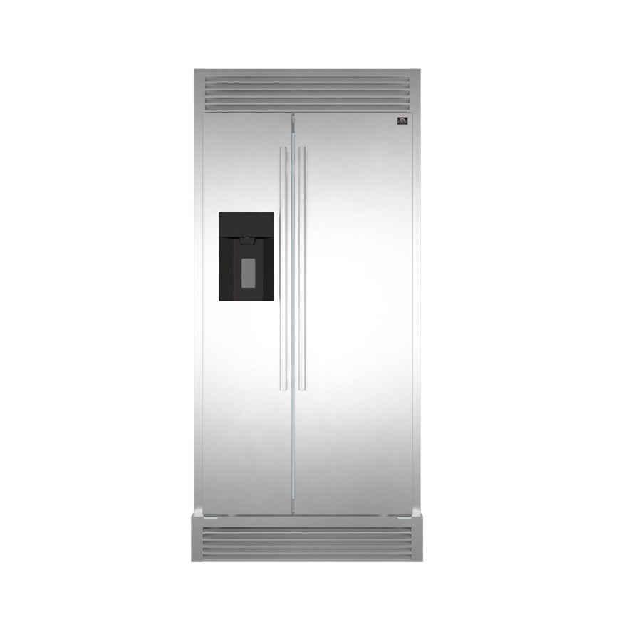 FORNO - 36-Inch Built-In Side by Side French Door Refrigerator with Decorative Grill in Stainless Steel FORNO - 36-Inch Built-In Side by Side French Door Refrigerator with Decorative Grill in Stainless Steel