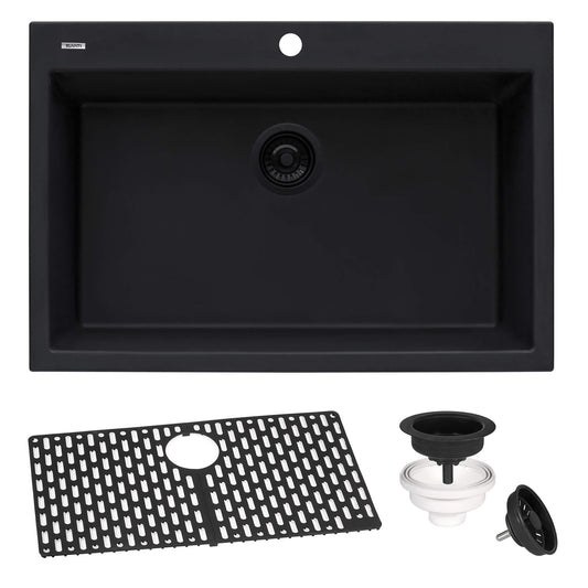 Ruvati - 27 x 20 inch Drop-in Topmount Granite Composite Single Bowl Kitchen Sink – Midnight Black – RVG1027BK