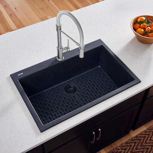 Ruvati - 27 x 20 inch Drop-in Topmount Granite Composite Single Bowl Kitchen Sink – Midnight Black – RVG1027BK