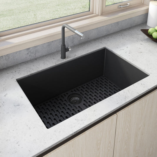 Ruvati - 27 x 18 inch Granite Composite Undermount Single Bowl Kitchen Sink – Midnight Black – RVG2027BK
