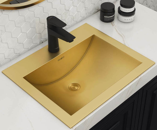 Ruvati - 21 x 17 inch Brushed Gold Drop-in Topmount Bathroom Sink Polished Brass Stainless Steel – RVH5110GG