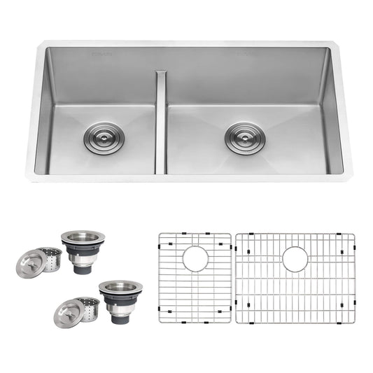 Ruvati - 33-inch Low-Divide Undermount 40/60 Double Bowl 16 Gauge Rounded Corners Stainless Steel Kitchen Sink – RVH7418