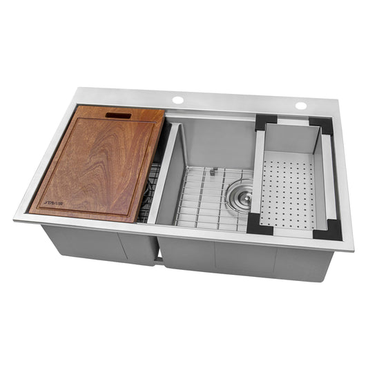 Ruvati - 33 x 22 inch Workstation Drop-in 40/60 Double Bowl Topmount Rounded Corners Kitchen Sink – RVH8036
