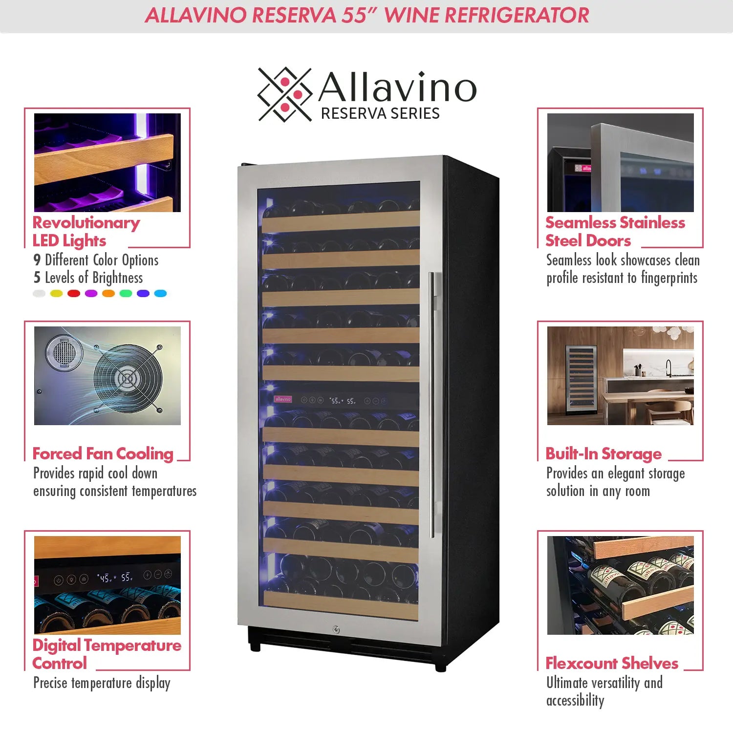 Allavino - Reserva Series 119 Bottle 55" Tall Dual Zone Stainless Steel Wine Refrigerator - AO VSW11955D-2SL Allavino - Reserva Series 119 Bottle 55" Tall Dual Zone Stainless Steel Wine Refrigerator - AO VSW11955D-2SL