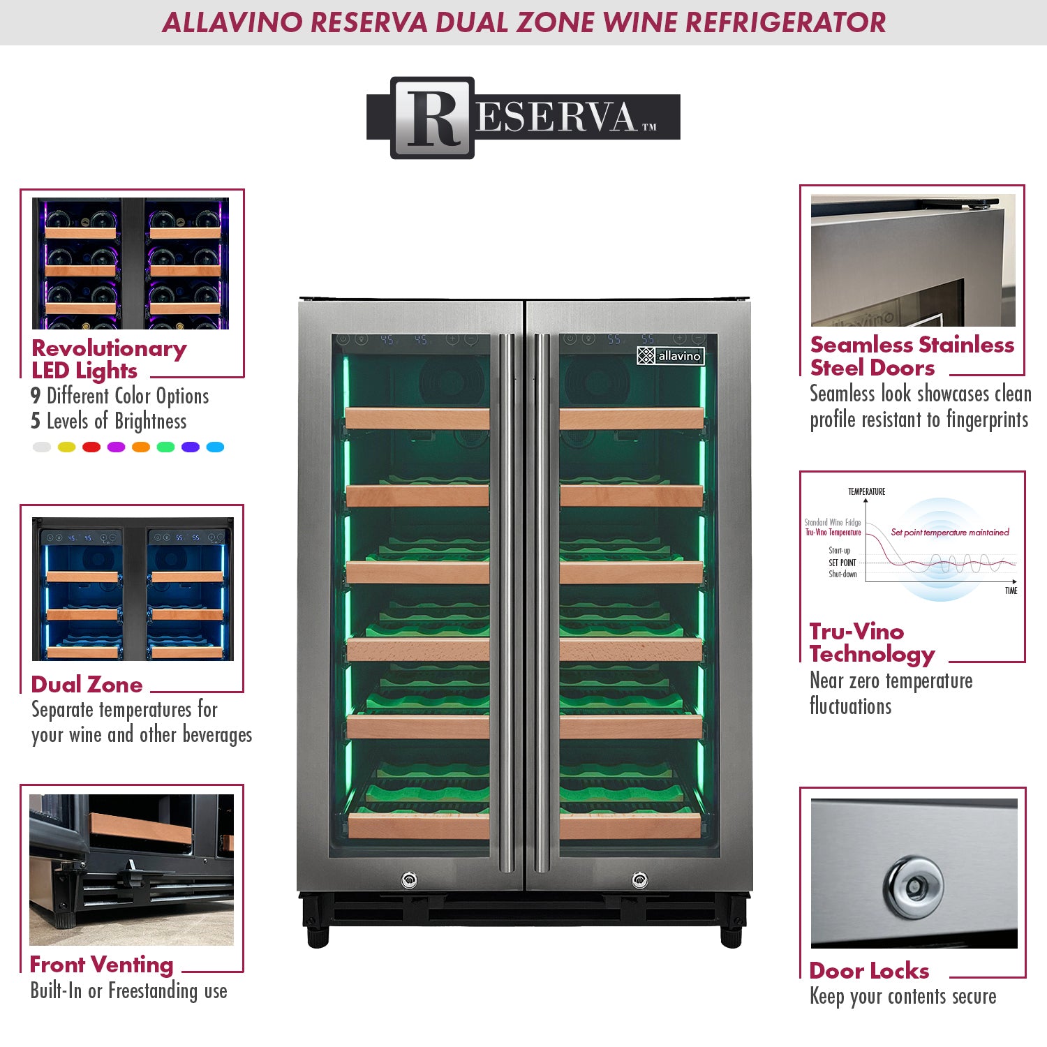 Allavino - Reserva Series 36 Bottle Dual Zone Wine Refrigerator with Stainless Steel French Doors - AO VSW3634FD-2S Allavino - Reserva Series 36 Bottle Dual Zone Wine Refrigerator with Stainless Steel French Doors - AO VSW3634FD-2S