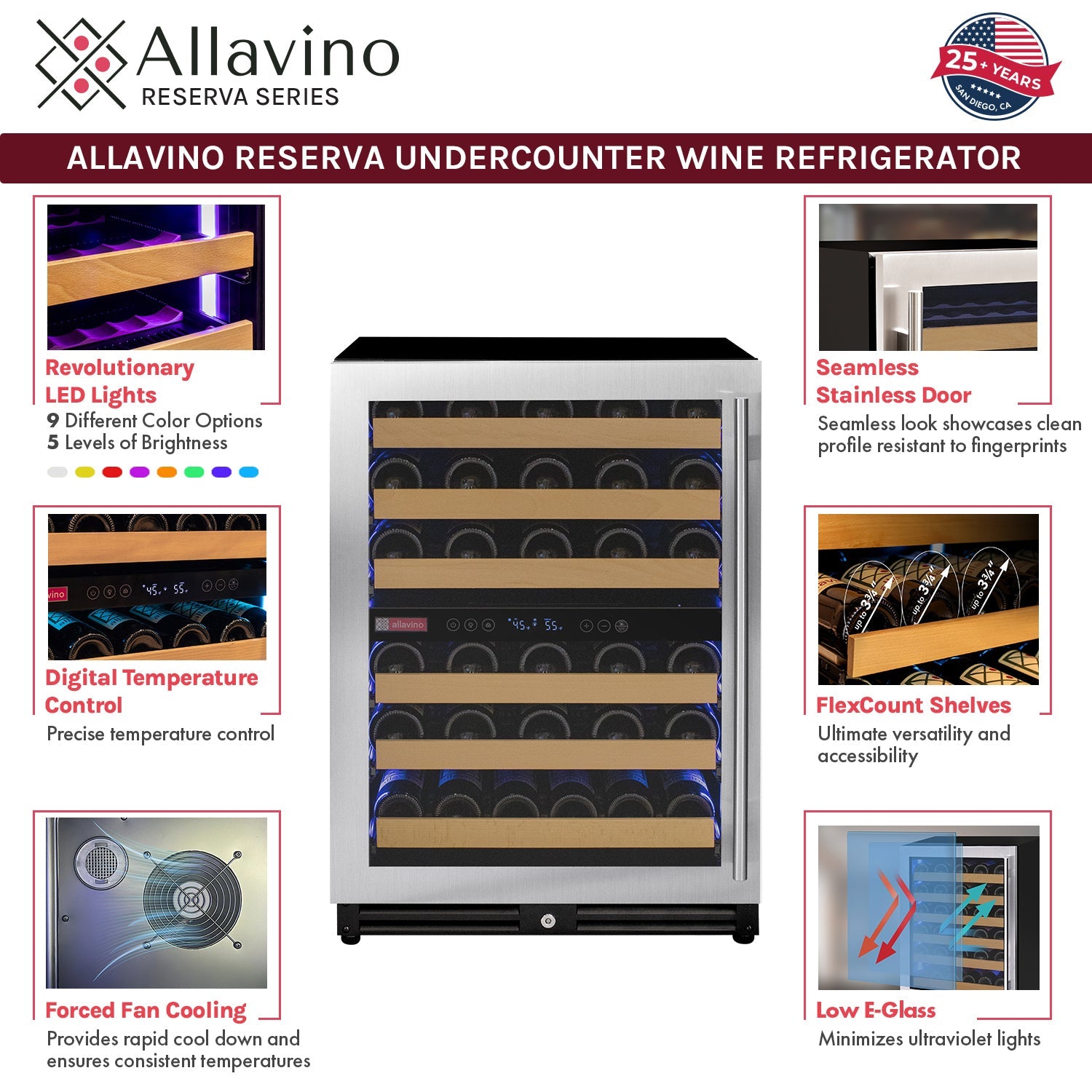 Allavino - Reserva Series - 56 Bottle Dual Zone Built-in Luxury Wine Refrigerator with Stainless Steel Door Allavino - Reserva Series - 56 Bottle Dual Zone Built-in Luxury Wine Refrigerator with Stainless Steel Door