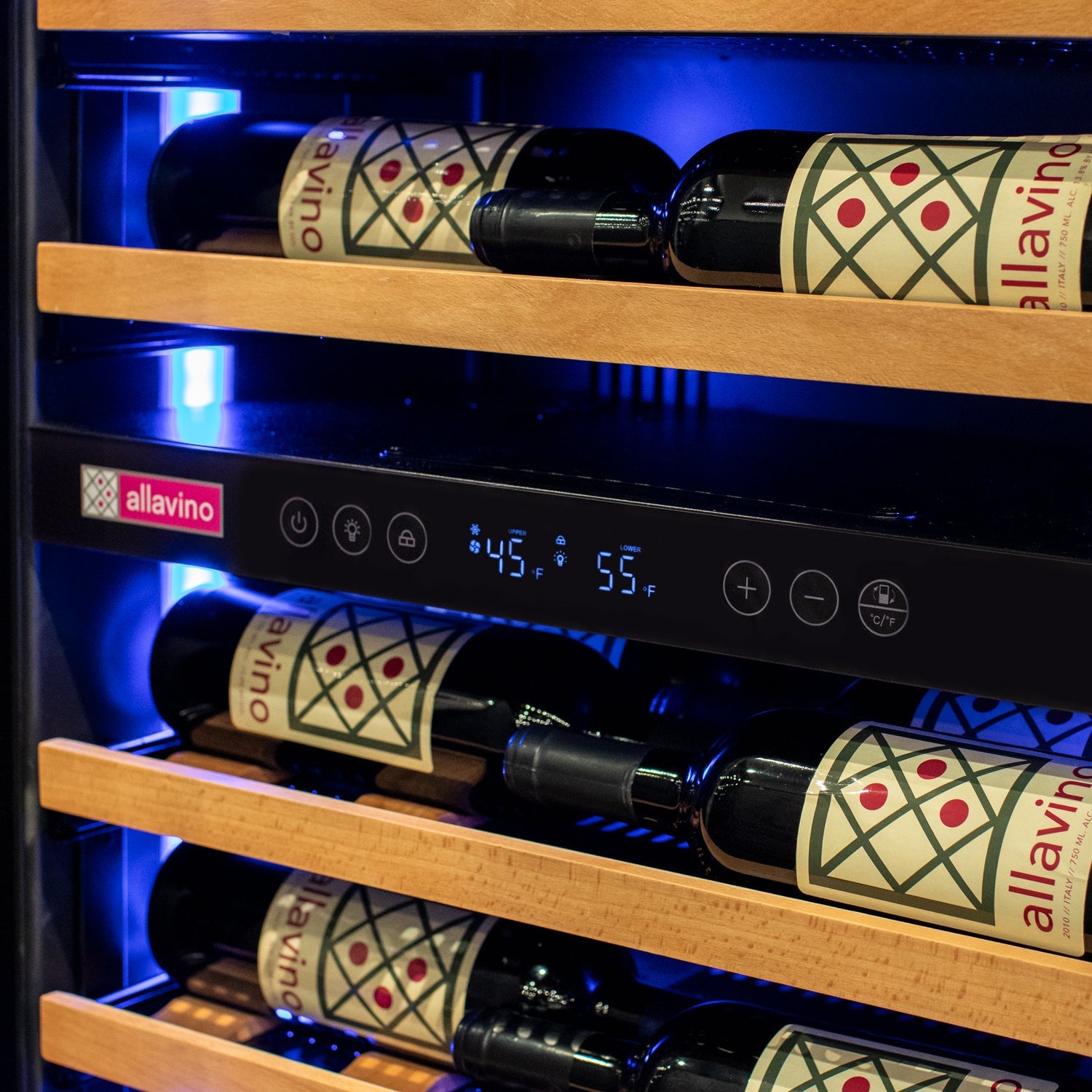 Allavino - Reserva Series 67 Bottle 71" Tall Dual Zone Black Shallow Wine Refrigerator with Wood Shelf Fronts Allavino - Reserva Series 67 Bottle 71" Tall Dual Zone Black Shallow Wine Refrigerator with Wood Shelf Fronts