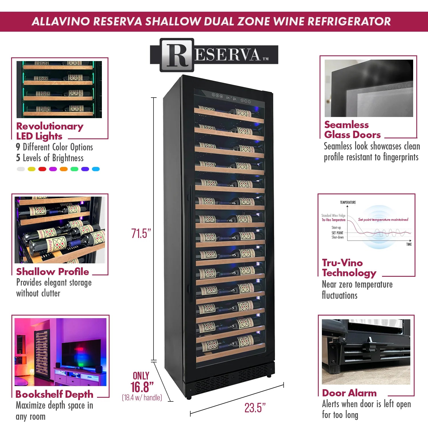 Allavino - Reserva Series 67 Bottle 71" Tall Single Zone Black Shallow Wine Refrigerator with Wood Front Shelves Allavino - Reserva Series 67 Bottle 71" Tall Single Zone Black Shallow Wine Refrigerator with Wood Front Shelves