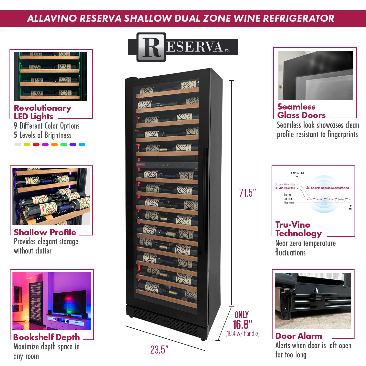 Allavino - Reserva Series 134 Bottle 71" Tall Four Zone Black Side-by-Side Shallow Wine Refrigerator with Wood Front Shelves - BF 2X-VSW6771D-2B-W Allavino - Reserva Series 134 Bottle 71" Tall Four Zone Black Side-by-Side Shallow Wine Refrigerator with Wood Front Shelves - BF 2X-VSW6771D-2B-W