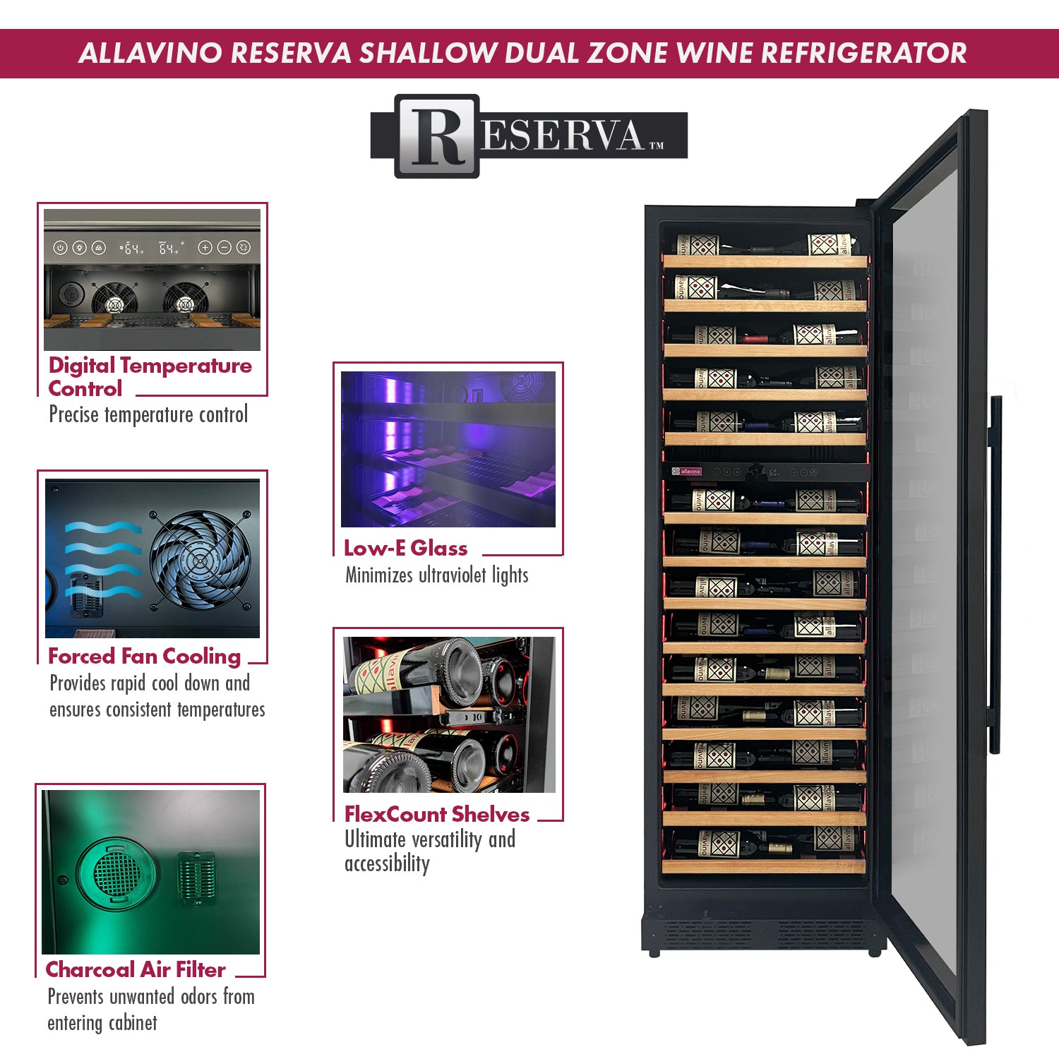Allavino - Reserva Series 67 Bottle 71" Tall Dual Zone Black Shallow Wine Refrigerator with Wood Shelf Fronts Allavino - Reserva Series 67 Bottle 71" Tall Dual Zone Black Shallow Wine Refrigerator with Wood Shelf Fronts