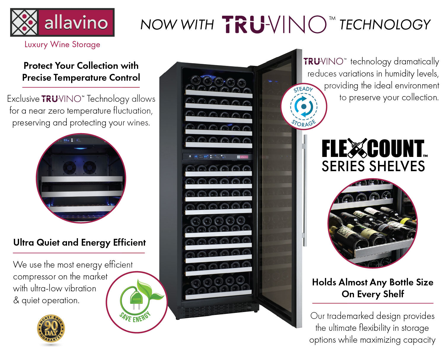 Allavino - 47" Wide FlexCount II Tru-Vino 344 Bottle Four-Zone Stainless Steel Side-by-Side Wine Refrigerator - BF 2X-VSWR172-2S20 Allavino - 47" Wide FlexCount II Tru-Vino 344 Bottle Four-Zone Stainless Steel Side-by-Side Wine Refrigerator - BF 2X-VSWR172-2S20