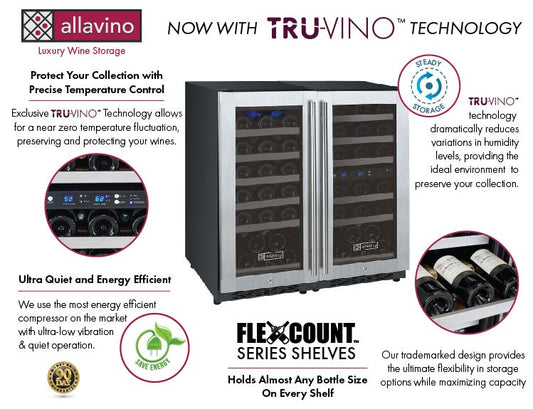 Allavino - 30" Wide FlexCount II Tru-Vino 60 Bottle Three Zone Stainless Steel Side-by-Side Wine Refrigerator - BF 3Z-VSWR30-S20
