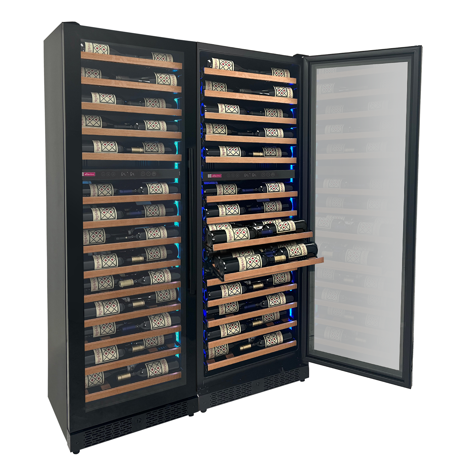 Allavino - Reserva Series 134 Bottle 71" Tall Four Zone Black Side-by-Side Shallow Wine Refrigerator with Wood Front Shelves - BF 2X-VSW6771D-2B-W Allavino - Reserva Series 134 Bottle 71" Tall Four Zone Black Side-by-Side Shallow Wine Refrigerator with Wood Front Shelves - BF 2X-VSW6771D-2B-W