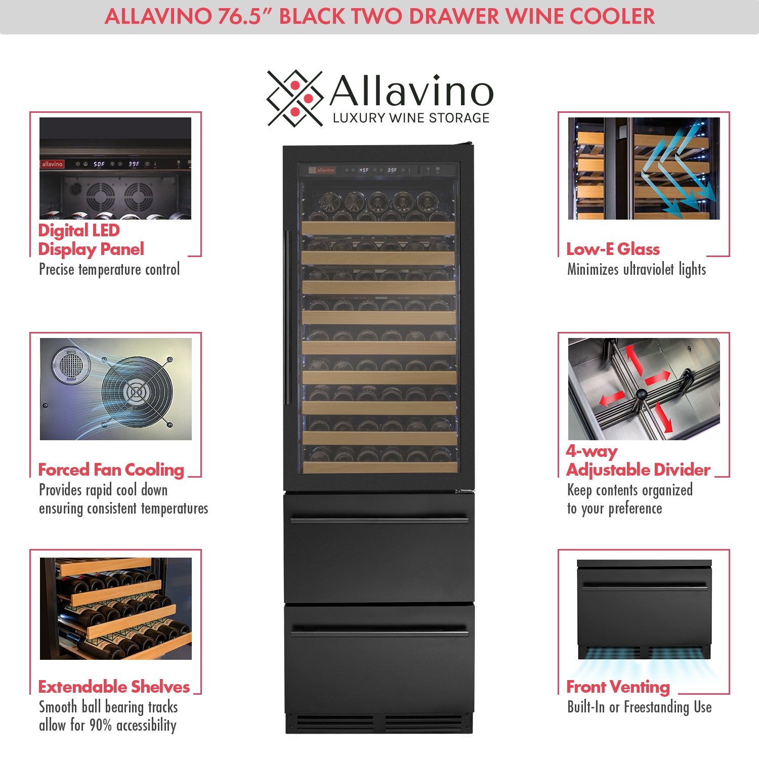 Allavino - 76.5" Tall Black Wine Refrigerator with Two Refrigerated Drawers - AO YHWR7724D-B Allavino - 76.5" Tall Black Wine Refrigerator with Two Refrigerated Drawers - AO YHWR7724D-B