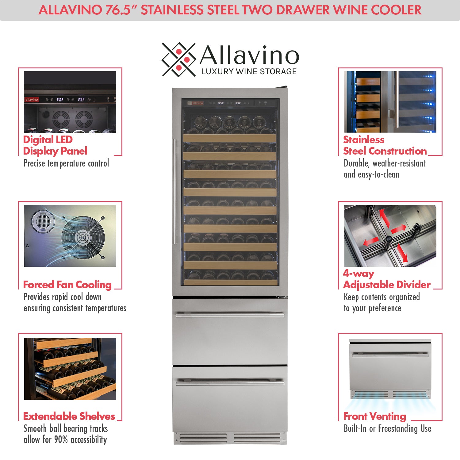 Allavino - 76.5" Tall Stainless Steel Wine Refrigerator with Two Refrigerated Drawers - AO YHWR7724D-S Allavino - 76.5" Tall Stainless Steel Wine Refrigerator with Two Refrigerated Drawers - AO YHWR7724D-S