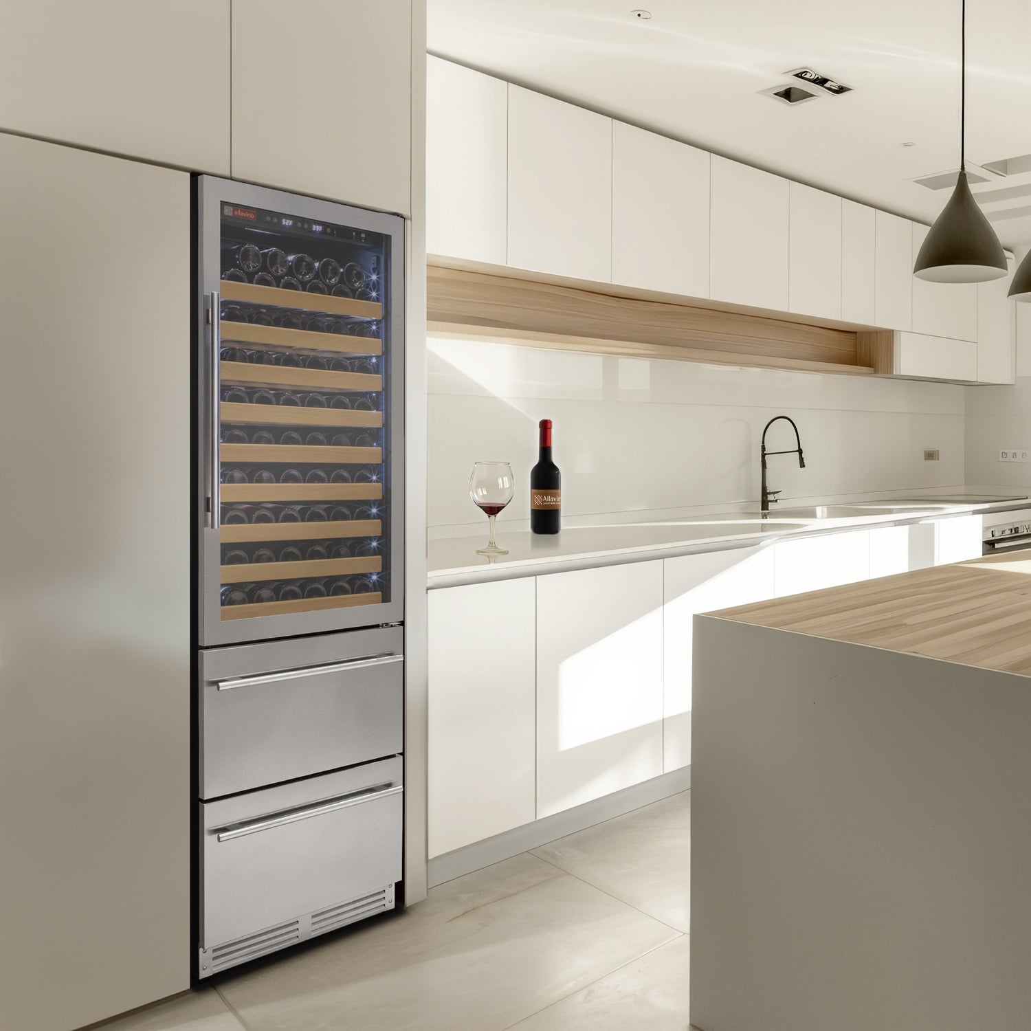 Allavino - 76.5" Tall Stainless Steel French Doors Dual Zone Wine Refrigerator with Two Refrigerated Drawers - AO YHWR7731FD-S Allavino - 76.5" Tall Stainless Steel French Doors Dual Zone Wine Refrigerator with Two Refrigerated Drawers - AO YHWR7731FD-S