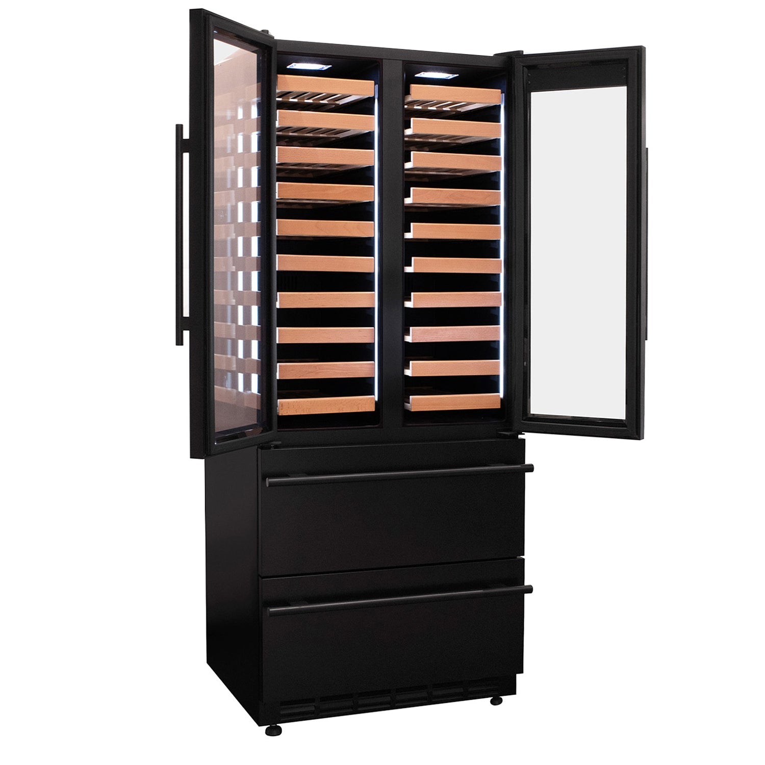 Allavino - 76.5" Tall Black French Doors Dual Zone Wine Refrigerator with Two Refrigerated Drawers Allavino - 76.5" Tall Black French Doors Dual Zone Wine Refrigerator with Two Refrigerated Drawers