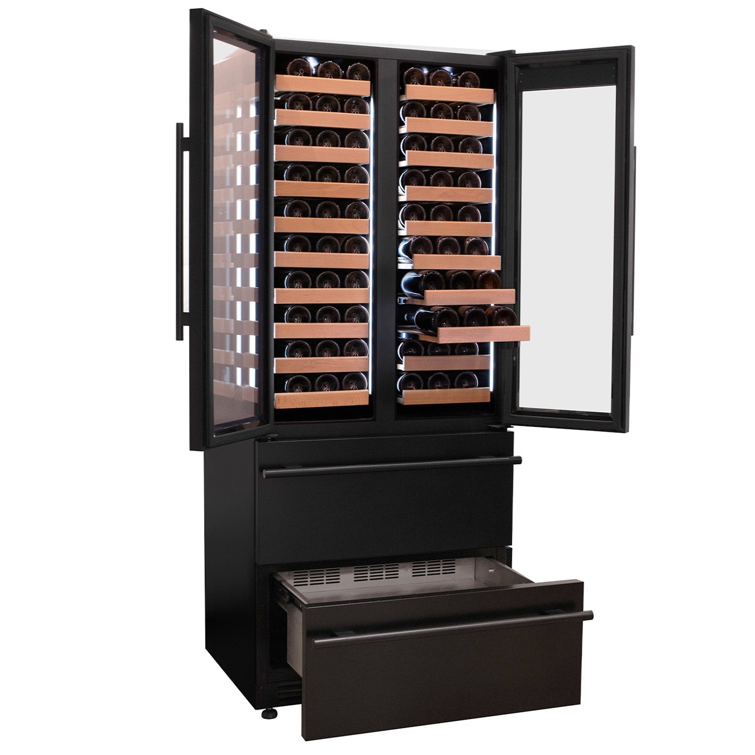 Allavino - 76.5" Tall Black French Doors Dual Zone Wine Refrigerator with Two Refrigerated Drawers Allavino - 76.5" Tall Black French Doors Dual Zone Wine Refrigerator with Two Refrigerated Drawers