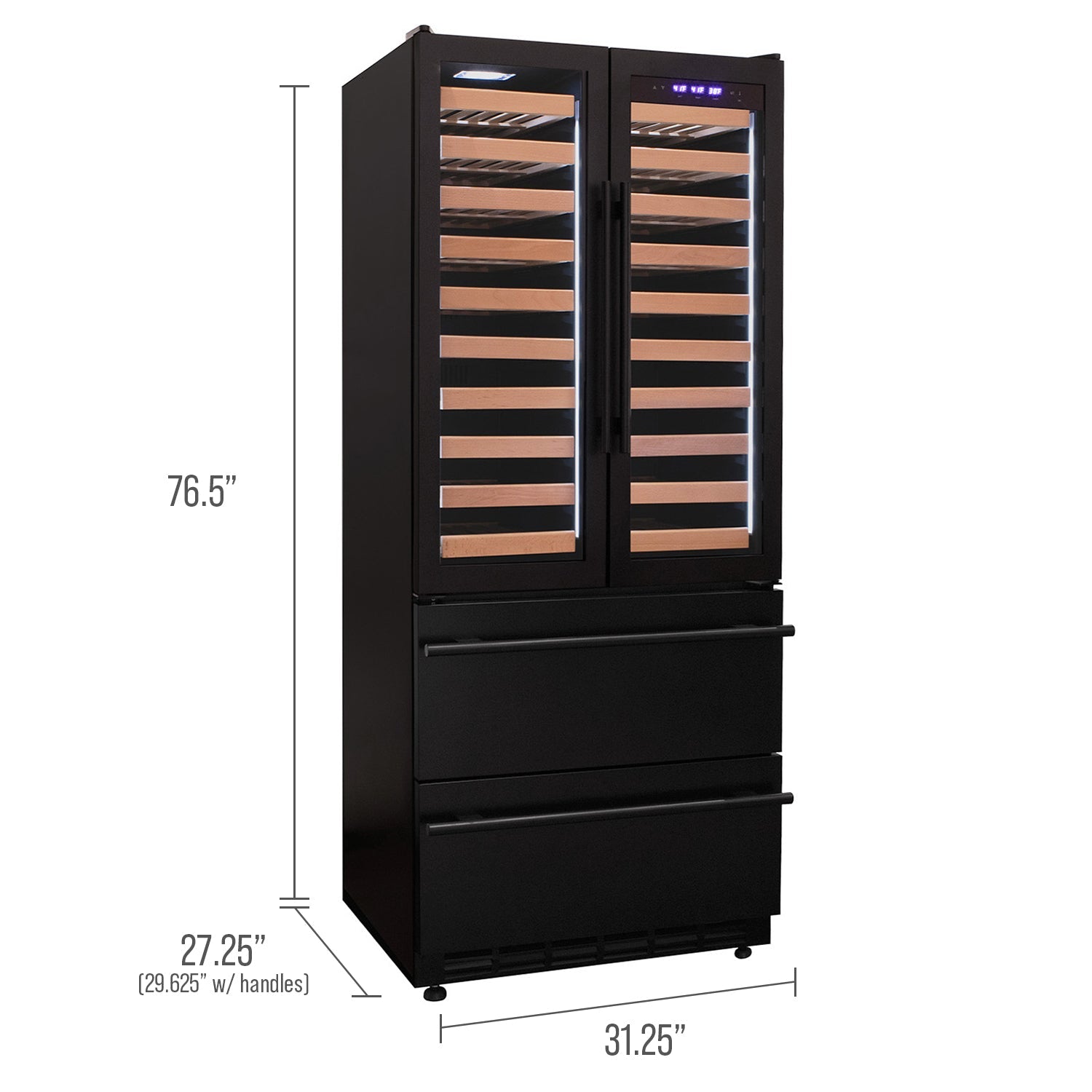 Allavino - 76.5" Tall Black French Doors Dual Zone Wine Refrigerator with Two Refrigerated Drawers Allavino - 76.5" Tall Black French Doors Dual Zone Wine Refrigerator with Two Refrigerated Drawers