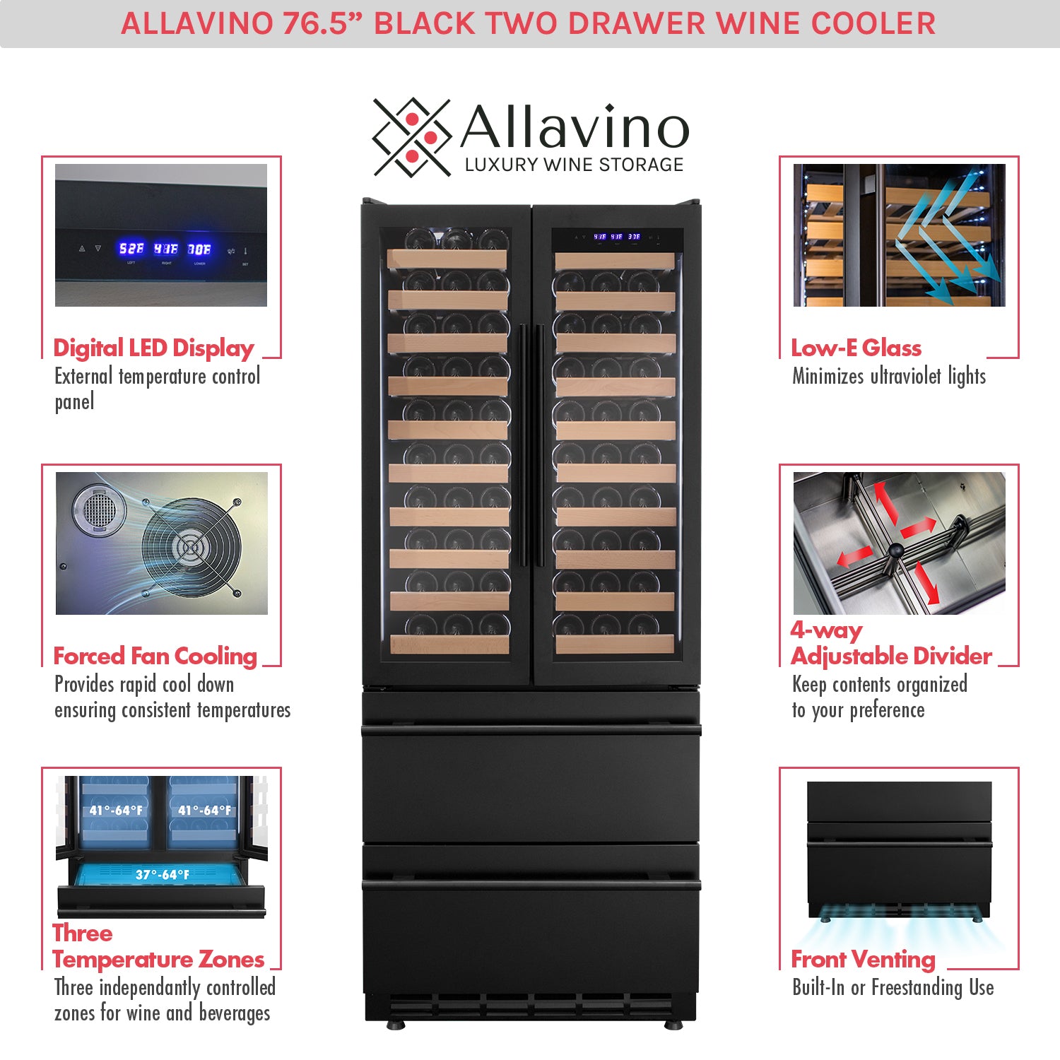 Allavino - 76.5" Tall Black French Doors Dual Zone Wine Refrigerator with Two Refrigerated Drawers Allavino - 76.5" Tall Black French Doors Dual Zone Wine Refrigerator with Two Refrigerated Drawers