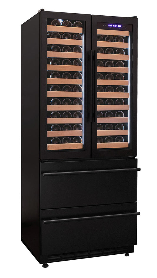 Allavino - 76.5" Tall Black French Doors Dual Zone Wine Refrigerator with Two Refrigerated Drawers