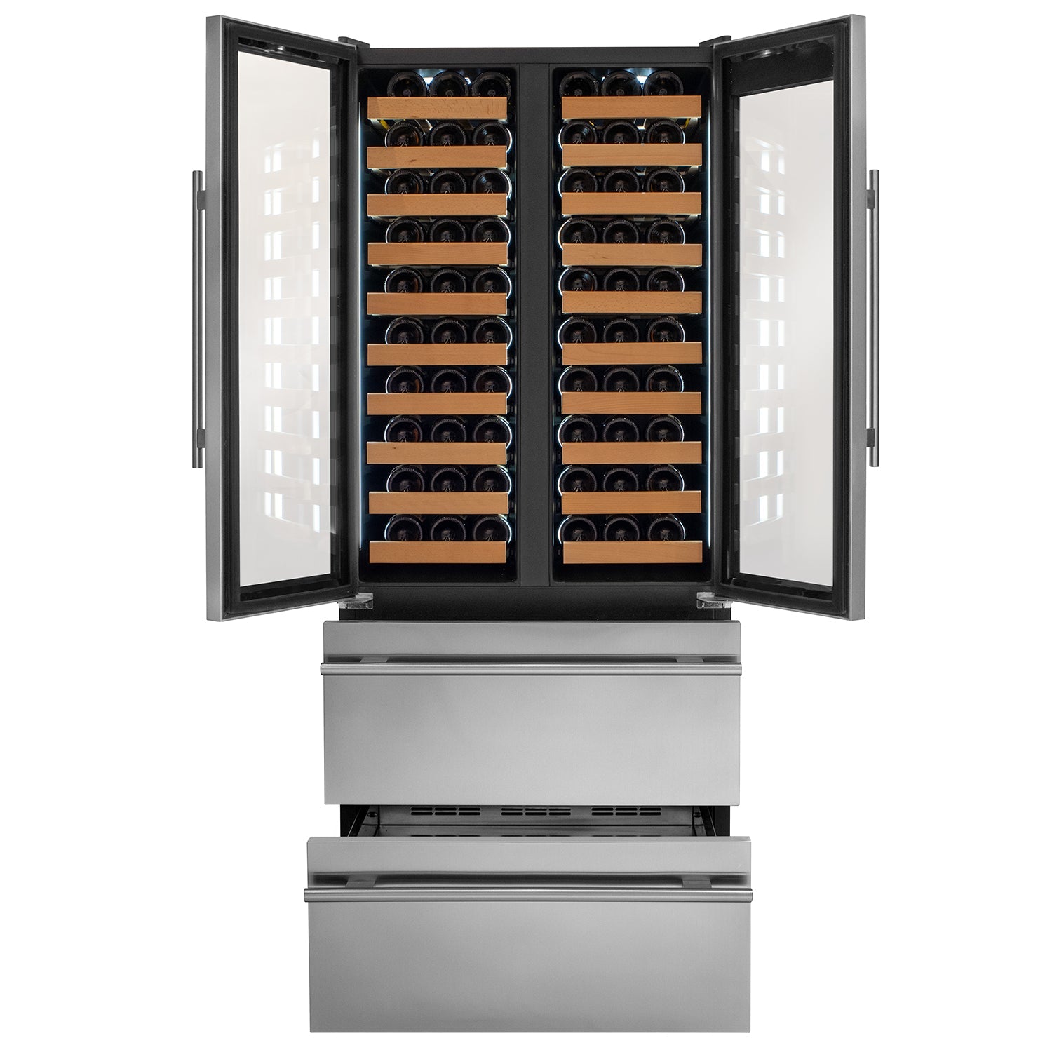 Allavino - 76.5" Tall Stainless Steel French Doors Dual Zone Wine Refrigerator with Two Refrigerated Drawers - AO YHWR7731FD-S Allavino - 76.5" Tall Stainless Steel French Doors Dual Zone Wine Refrigerator with Two Refrigerated Drawers - AO YHWR7731FD-S