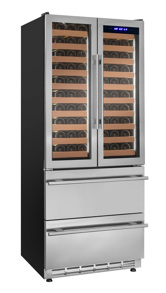 Allavino - 76.5" Tall Stainless Steel French Doors Dual Zone Wine Refrigerator with Two Refrigerated Drawers - AO YHWR7731FD-S
