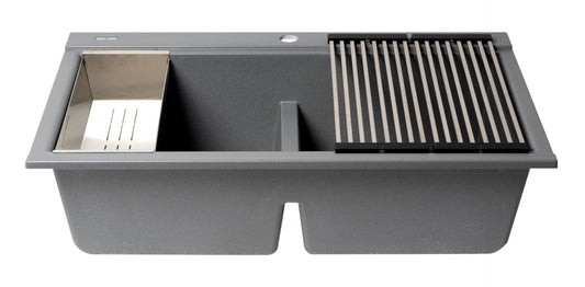 ALFI brand - Titanium 33" Granite Composite Workstation Step Rim Double Bowl Drop In Sink with Accessories - AB3418DBDI-T