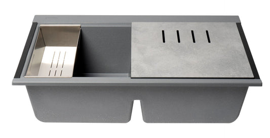 ALFI brand - Titanium 33" Granite Composite Workstation Step Rim Double Bowl Undermount Sink with Accessories - AB3418DBUM-T