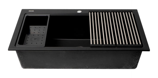 ALFI brand - Black 33" Granite Composite Workstation Step Rim Single Bowl Drop In Sink with Accessories - AB3418SBDI-BLA