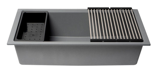 ALFI brand - Titanium 33" Granite Composite Workstation Step Rim Single Bowl Undermount Sink with Accessories - AB3418SBUM-T