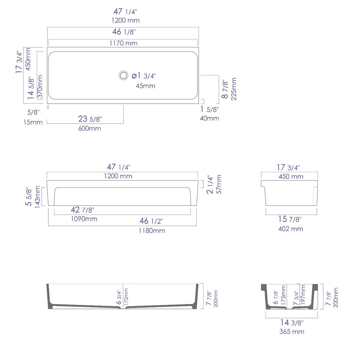 ALFI brand - 48" Grey Matte Above Mount Fireclay Bathroom Trough Sink - AB48TRGM ALFI brand - 48" Grey Matte Above Mount Fireclay Bathroom Trough Sink - AB48TRGM
