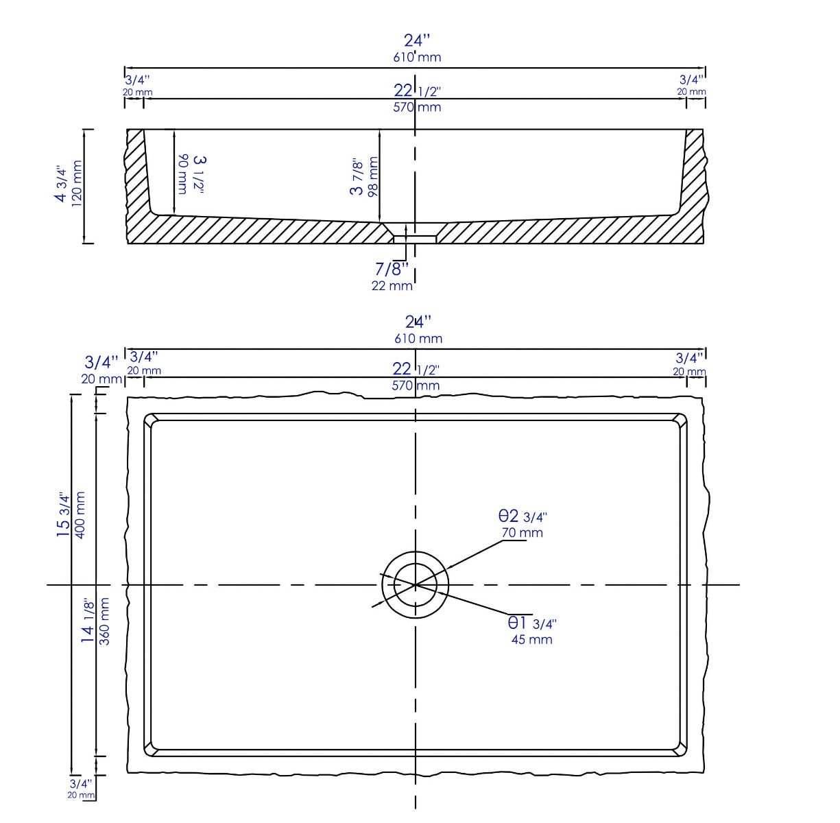 ALFI brand - 24" Solid Concrete Chiseled Style Rectangular Above Mount Vessel Sink - ABCO24R ALFI brand - 24" Solid Concrete Chiseled Style Rectangular Above Mount Vessel Sink - ABCO24R