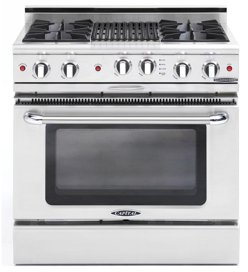 Capital Cooking - 36" Capital Culinarian Range - Self Clean - 25K BTU - 4 Open Burners + 12"BBQ, 1 8K BTU Small Pan Burner - CGSR362B2 Capital Cooking - 36" Capital Culinarian Range - Self Clean - 25K BTU - 4 Open Burners + 12"BBQ, 1 8K BTU Small Pan Burner - CGSR362B2