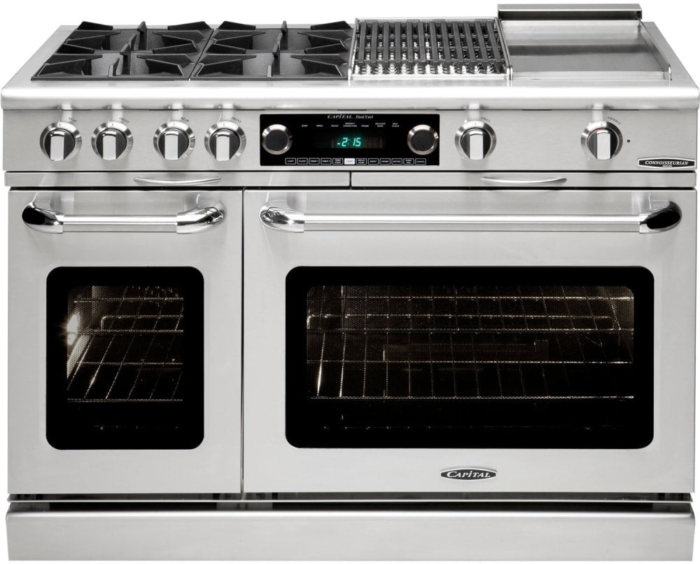 Capital Cooking - 48" Capital Connoisseurian Dual Fuel Range - Self Clean - 25K BTU - 4 Open Burners + 12" BBQ Grill Burner and 12" Griddle - COB484BG Capital Cooking - 48" Capital Connoisseurian Dual Fuel Range - Self Clean - 25K BTU - 4 Open Burners + 12" BBQ Grill Burner and 12" Griddle - COB484BG