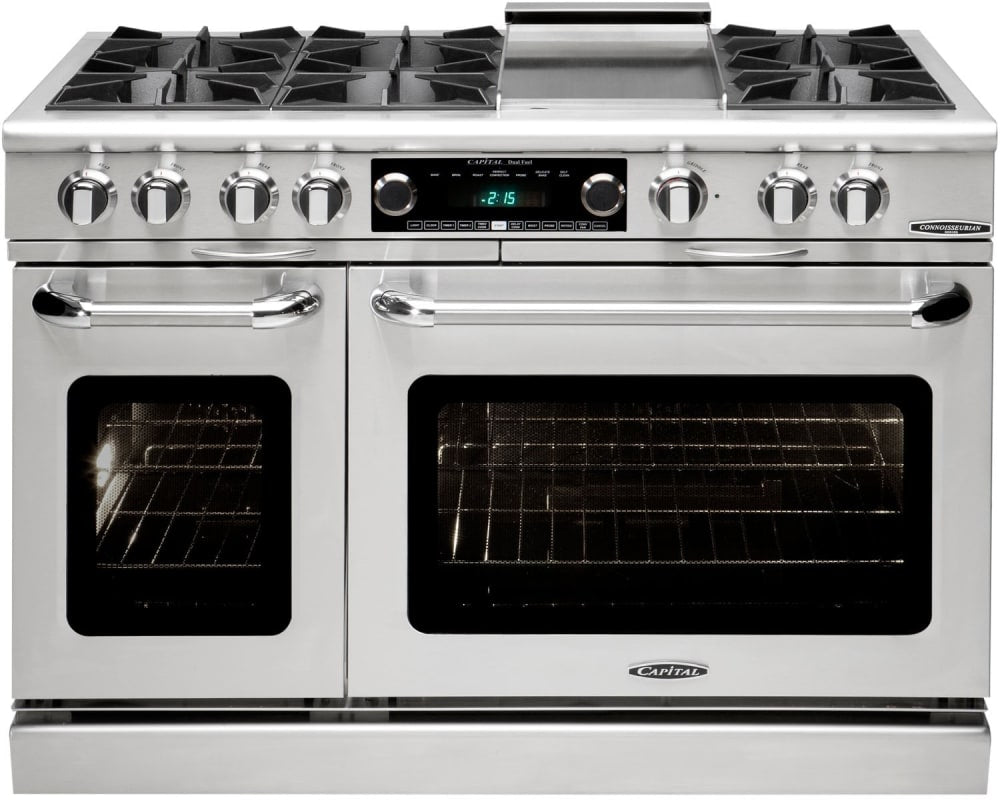 Capital Cooking - 48" Capital Connoisseurian Dual Fuel Range - Self Clean - 25K BTU - 6 Open Burners + 12" Griddle, 1 8K BTU Small Pan Burner - COB484G2 Capital Cooking - 48" Capital Connoisseurian Dual Fuel Range - Self Clean - 25K BTU - 6 Open Burners + 12" Griddle, 1 8K BTU Small Pan Burner - COB484G2